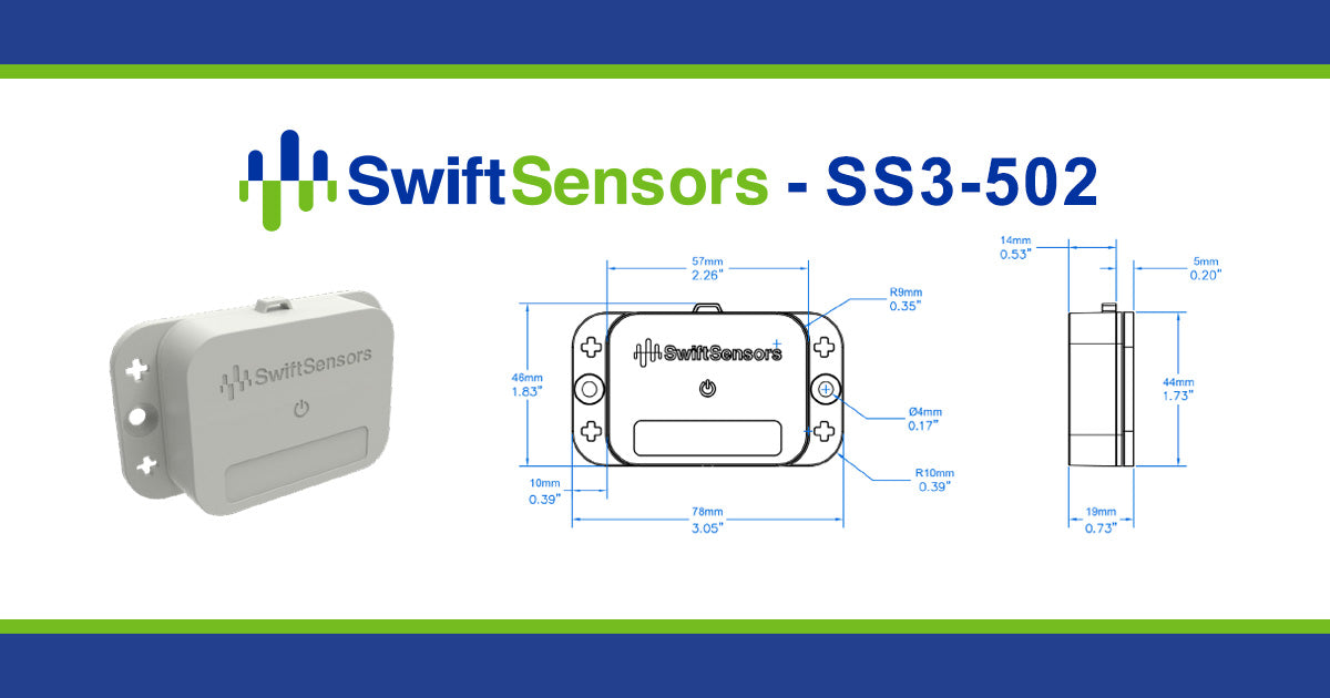 Swift Sensors SS3-502 dimensions: front, side and mounting-hole drawing