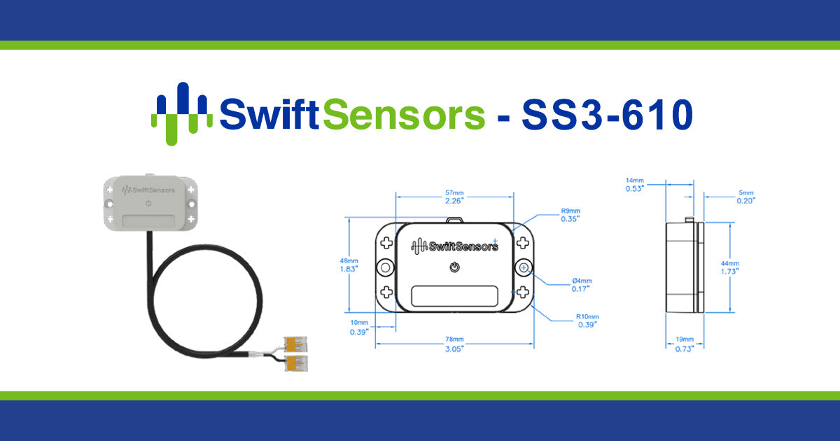 Swift Sensors SS3-610 dimensions: front, side and mounting-hole drawing