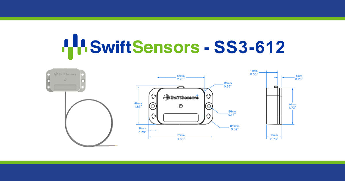 Swift Sensors SS3-612 dimensions: front, side and mounting-hole drawing