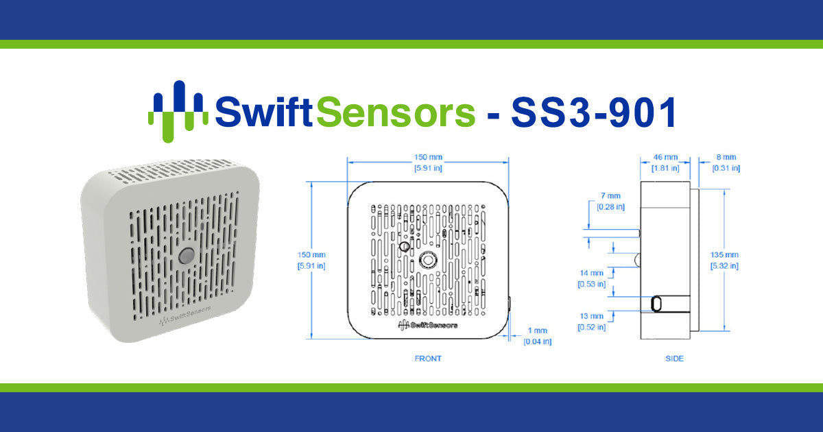Swift Sensors SS3-901 dimensions: front, side and mounting-hole drawing