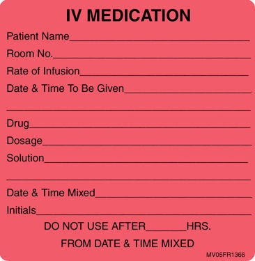 MedVision Pre-Printed Label Anesthesia Label Fluorescent Red Paper IV Medication Added Black Syringe Label