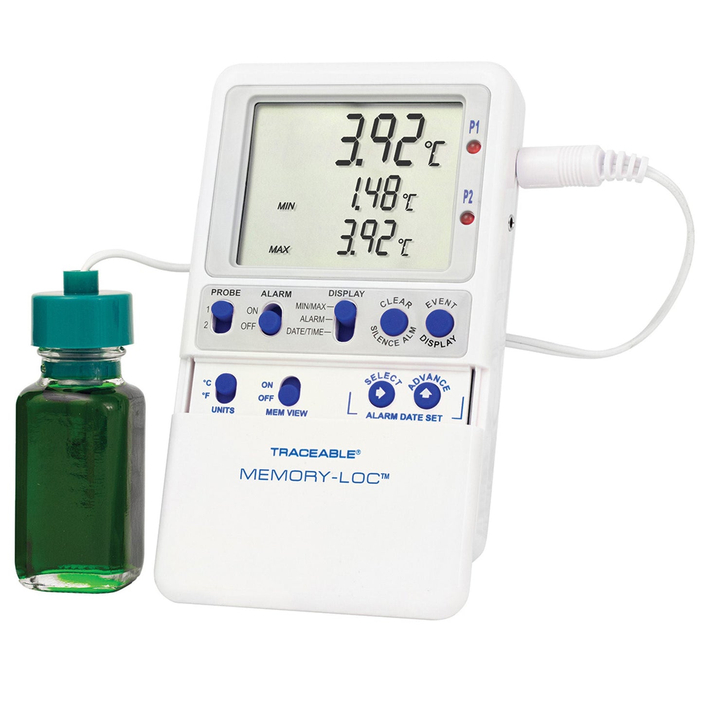 Traceable Memory-Loc Datalogging Refrigerator / Freezer Thermometer with Alarm Fahrenheit / Celsius -58° to +158°F (-50° to +70°C) Glycol Bottle Probe Multiple Mounting Options Battery Operated