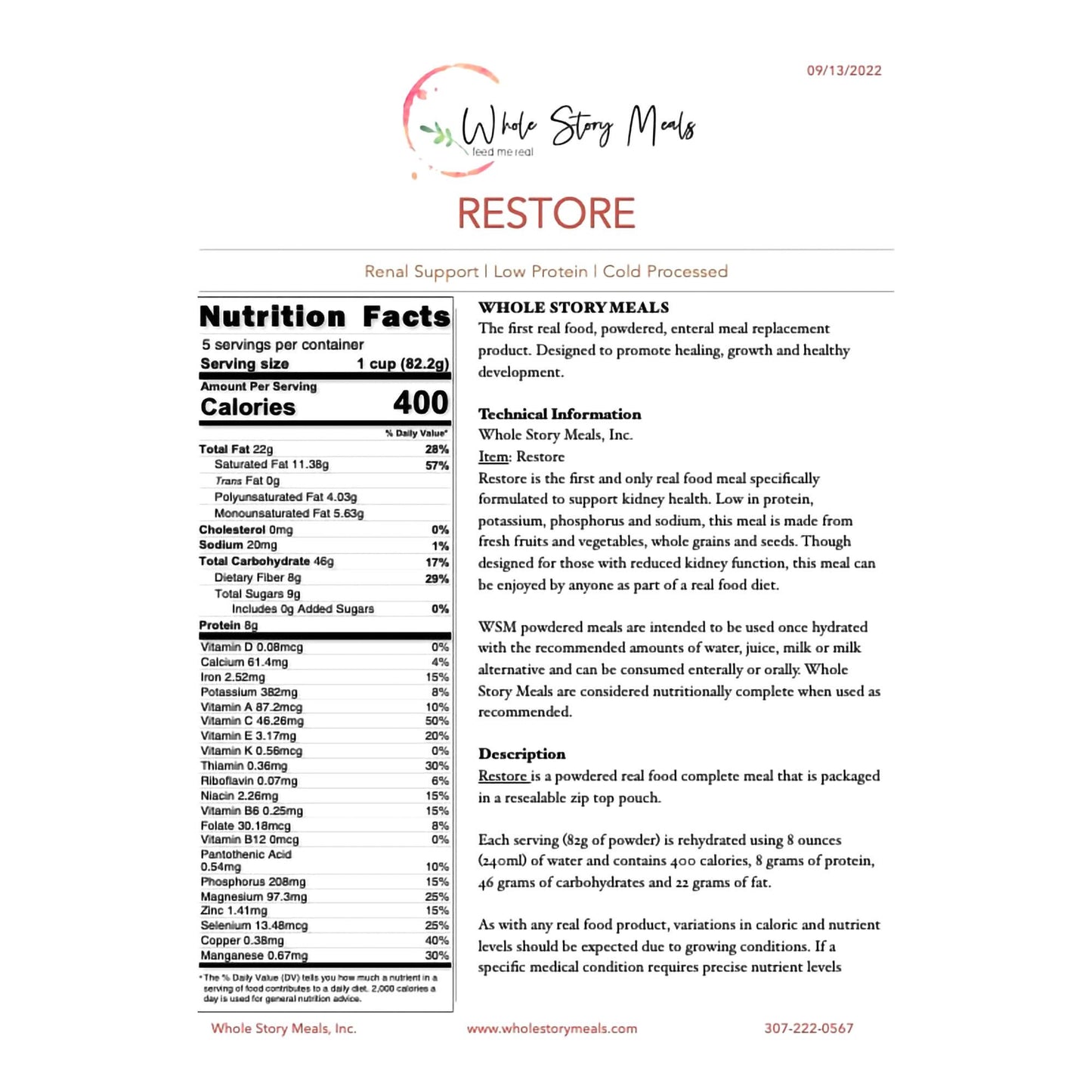 Whole Story Meals Restore Renal Support for Enteral Feeding and Meal Replacement