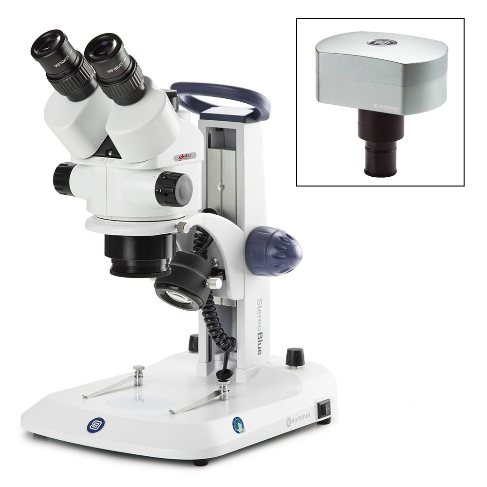 Trinocular Stereo Zoom Microscope StereoBlue, 7x–45x, Pillar & Rack-and-Pinion — 4 Configurations, 1/Unit | Globe Scientific