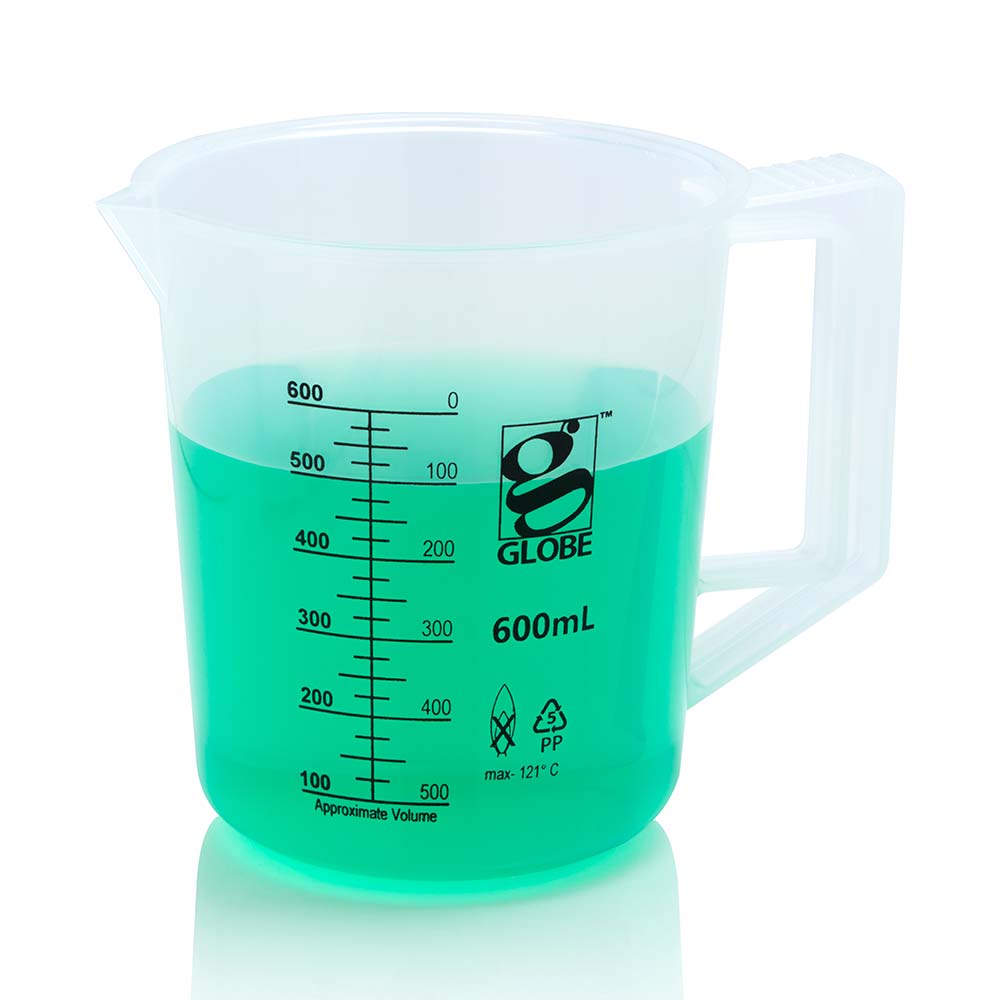 Globe Scientific Beaker With Handle, Diamond Essentials, Low Form, Printed Graduations, Pp, 1/Bag 100 mL to 5000 mL