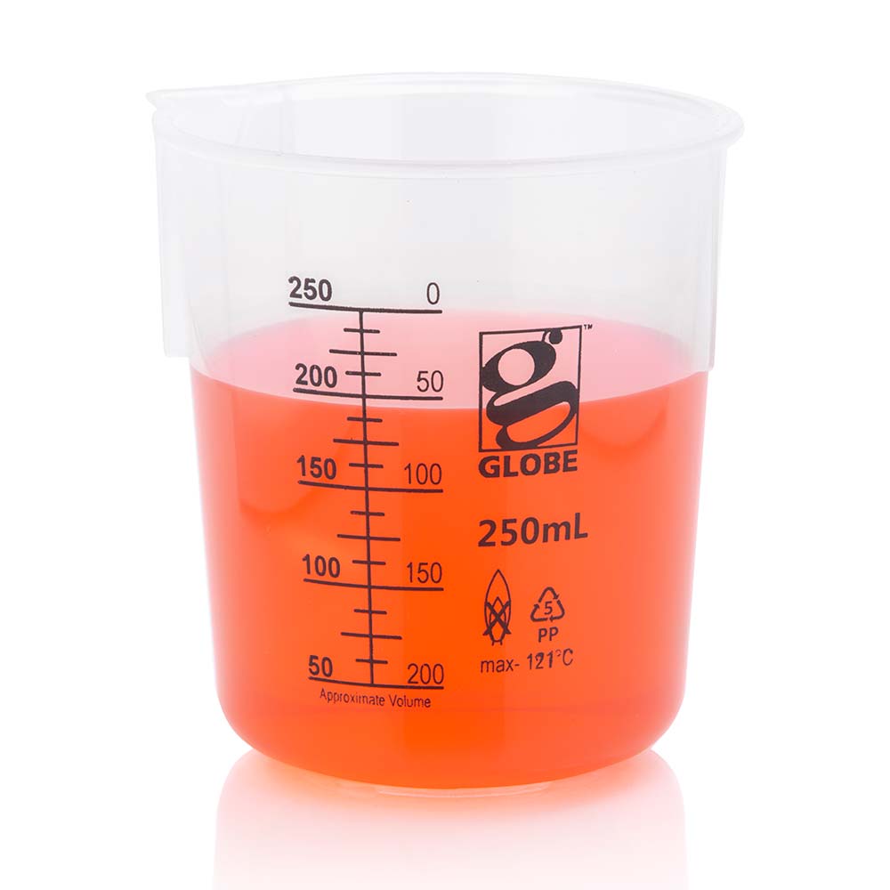 Globe Scientific Beaker, Diamond Essentials, Griffin Style, Low Form, Printed Graduations, Pp, 6/Bag 250 mL