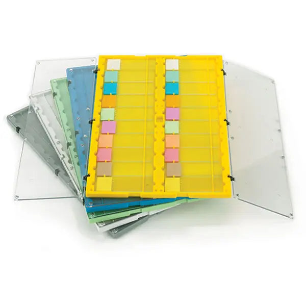 20-Place Microscope Slide File Folders, Clear Hinged Lids, HIPS/SAN — 5 Colors, Each or 12/Case | Globe Scientific