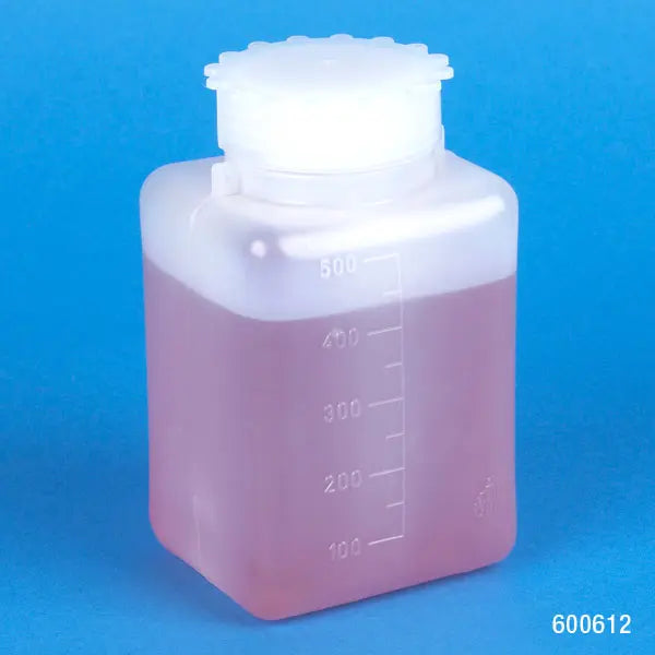 Globe Scientific Bottle with Screwcap, Wide Mouth, Square, Graduated, PE (Cap: PP), 500mL, 25/Bag, 6 Bags/Unit 600612B Laboratory Equipment