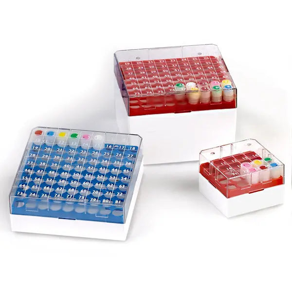 Cryogenic Storage Boxes, Polycarbonate, 81- & 25-Place for CryoCLEAR Vials — 8 Color Options, 5/Pack | Globe Scientific