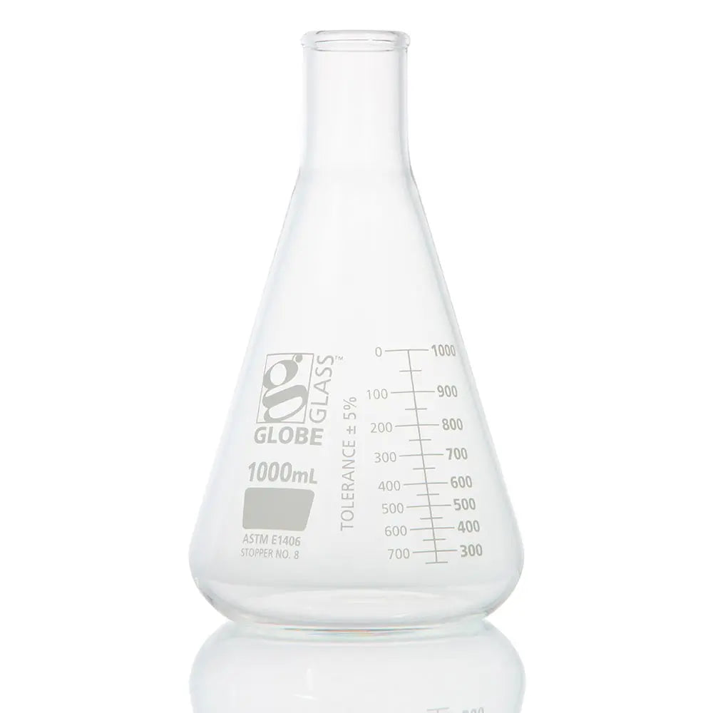 Erlenmeyer Flasks, Narrow Mouth Borosilicate Glass, Heavy Duty ASTM E1406 — 1L–4L, 1/Pack | Globe Scientific