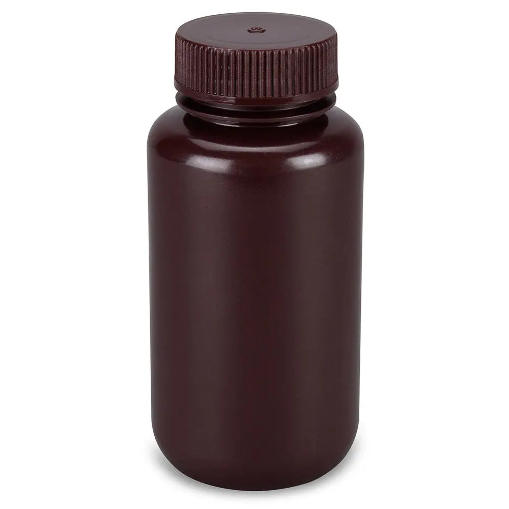 Globe Scientific Bottle, Wide Mouth, Round, Amber HDPE with Amber PP Closure, 250mL, Bulk Packed with Bottles and Caps Bagged Separately, 250/Case 7510250AMBKS Laboratory Equipment