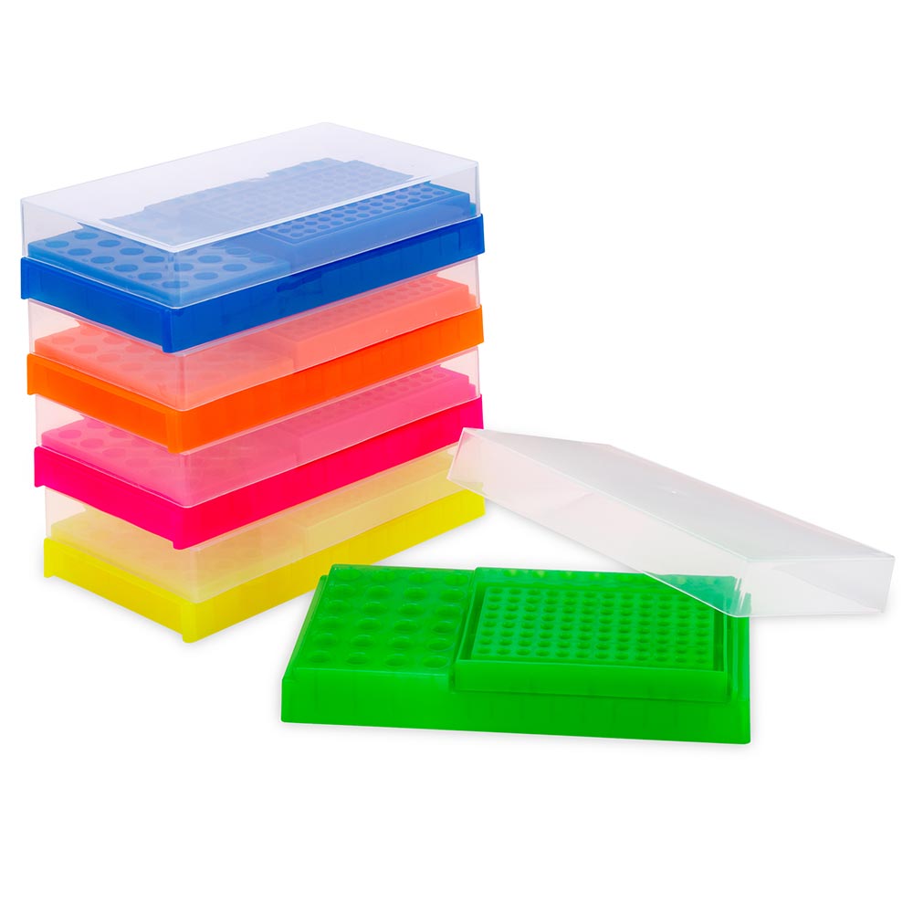 PCR Work Rack with Lid, Multi-Format PP — Holds 0.2/0.5/1.5/2.0 mL Tubes, 5/Pack | Globe Scientific
