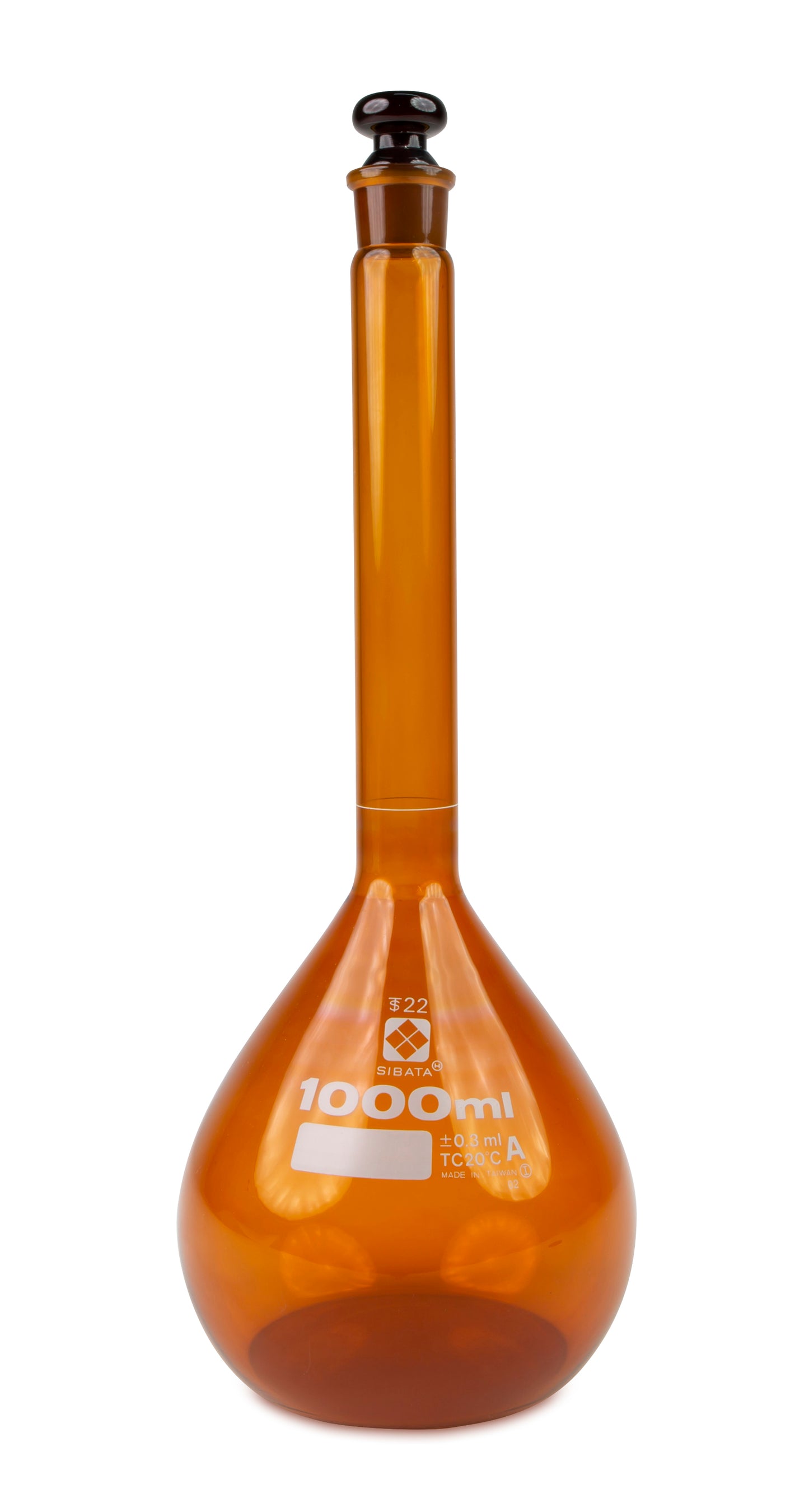 2307A-1000 - SIBATA Amber Class A Volumetric Flask 1000 mL Low-Actinic Glass Stopper