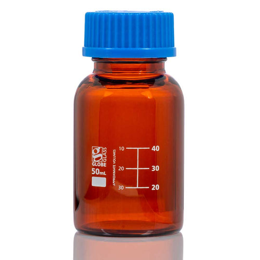 Amber borosilicate glass media bottles with screw caps for autoclavable lab media — LabSupplies.com