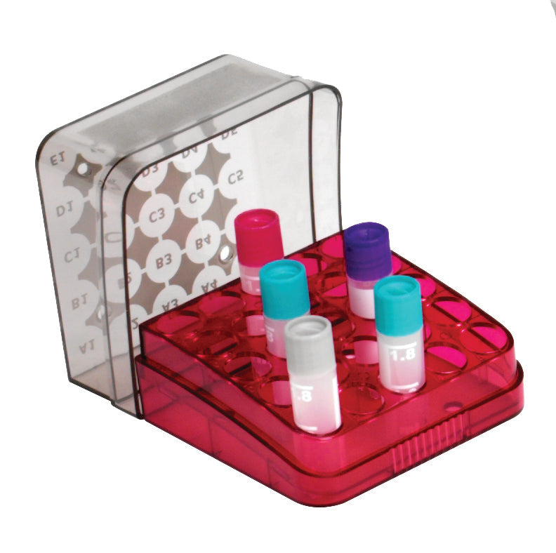 Polycarbonate cryogenic freezer box rated to -196C for long-term sample storage