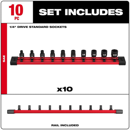 Milwaukee 10PC SHOCKWAVE Impact Duty SAE Standard 6 Point Socket Set 49-66-7000 | 1/4 in Drive, 10-Piece