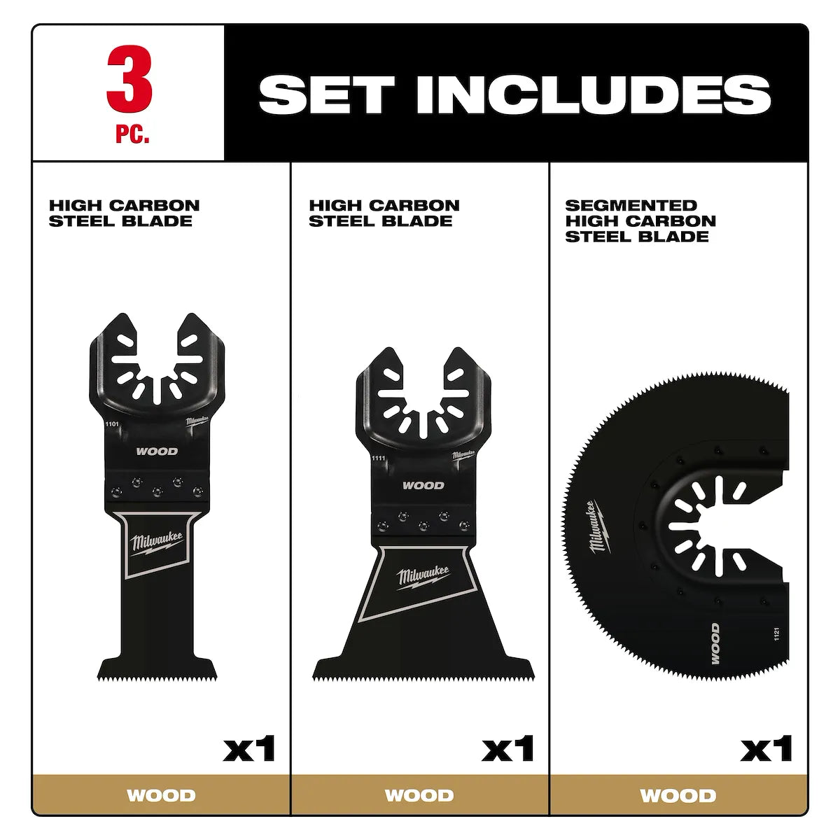 Milwaukee 3 PC High Carbon Steel Wood Universal Fit Oscillating Multi-Tool Blade Set 49-10-9004 | 3-Piece