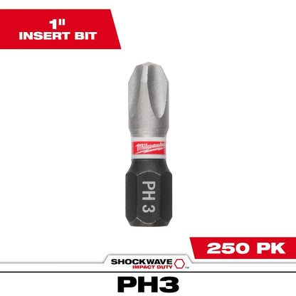 Milwaukee SHOCKWAVE Impact Duty 1" Phillips #3 Insert Bits Bulk 250 48-32-4882 | PH3 Drive, 250-Piece