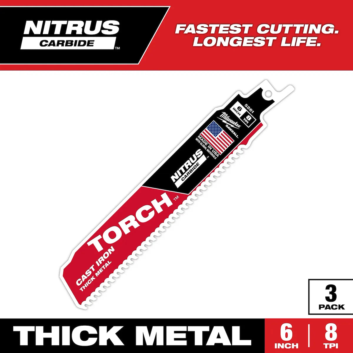 Milwaukee 6" 8 TPI TORCH with NITRUS Carbide SAWZALL Blade for Cast Iron (3 PK) 48-00-5361 | 6 in Blade Length, 3-Piece