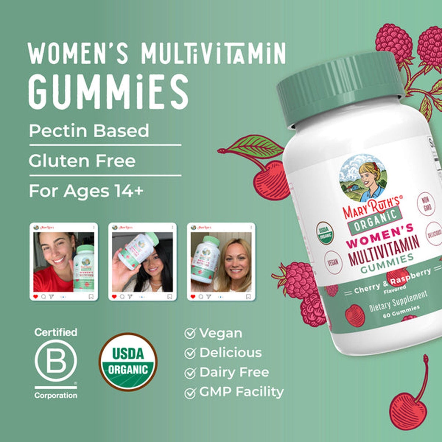 Mary Ruth's Organic Women's Multivitamin Supplement Vitamin A / C / D / E 450 mcg - 20 mg - 6 mcg - 7 mg Strength Gummie Strawberry Flavor