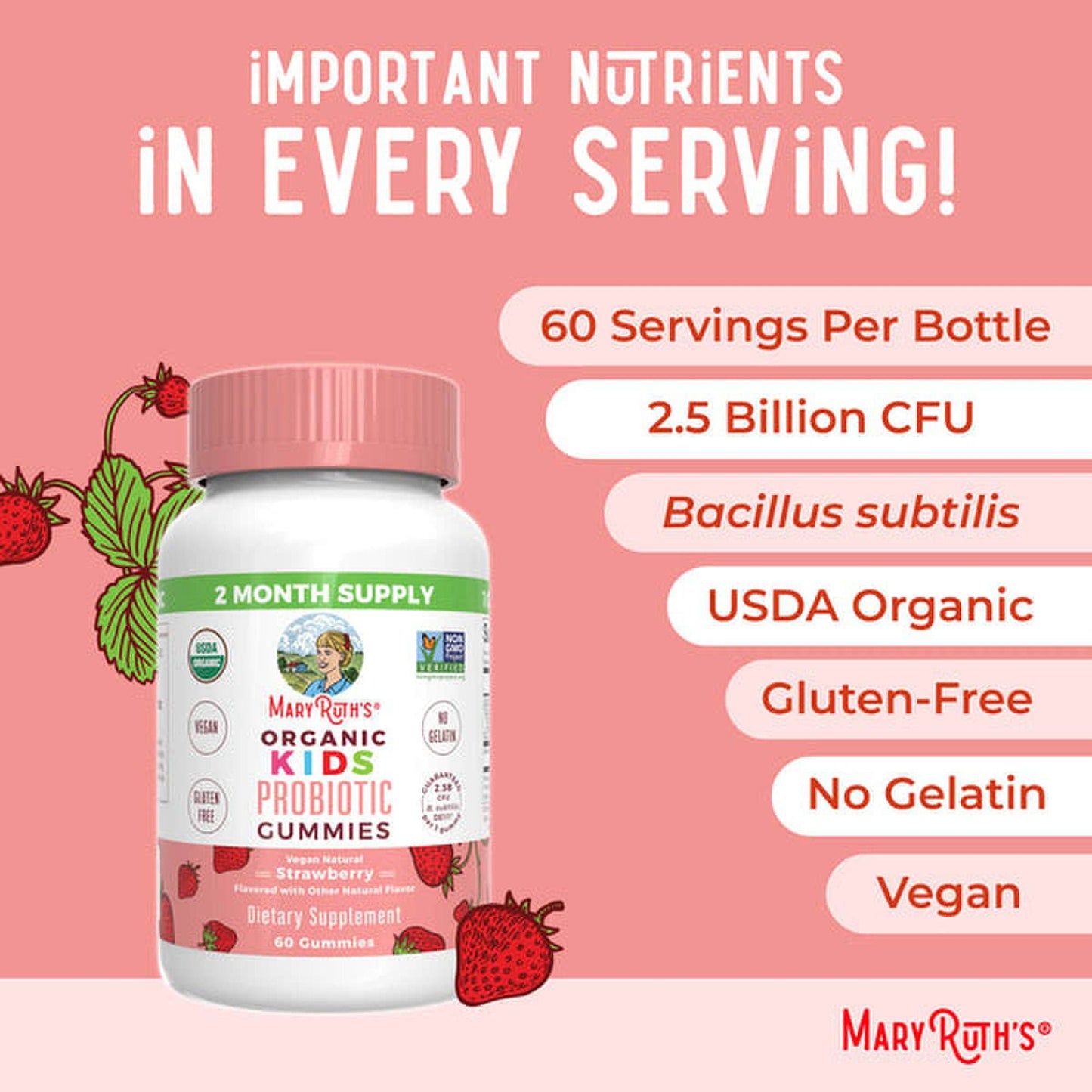 Mary Ruth's™ Organic Kids Probiotic Gummies, Strawberry Flavor