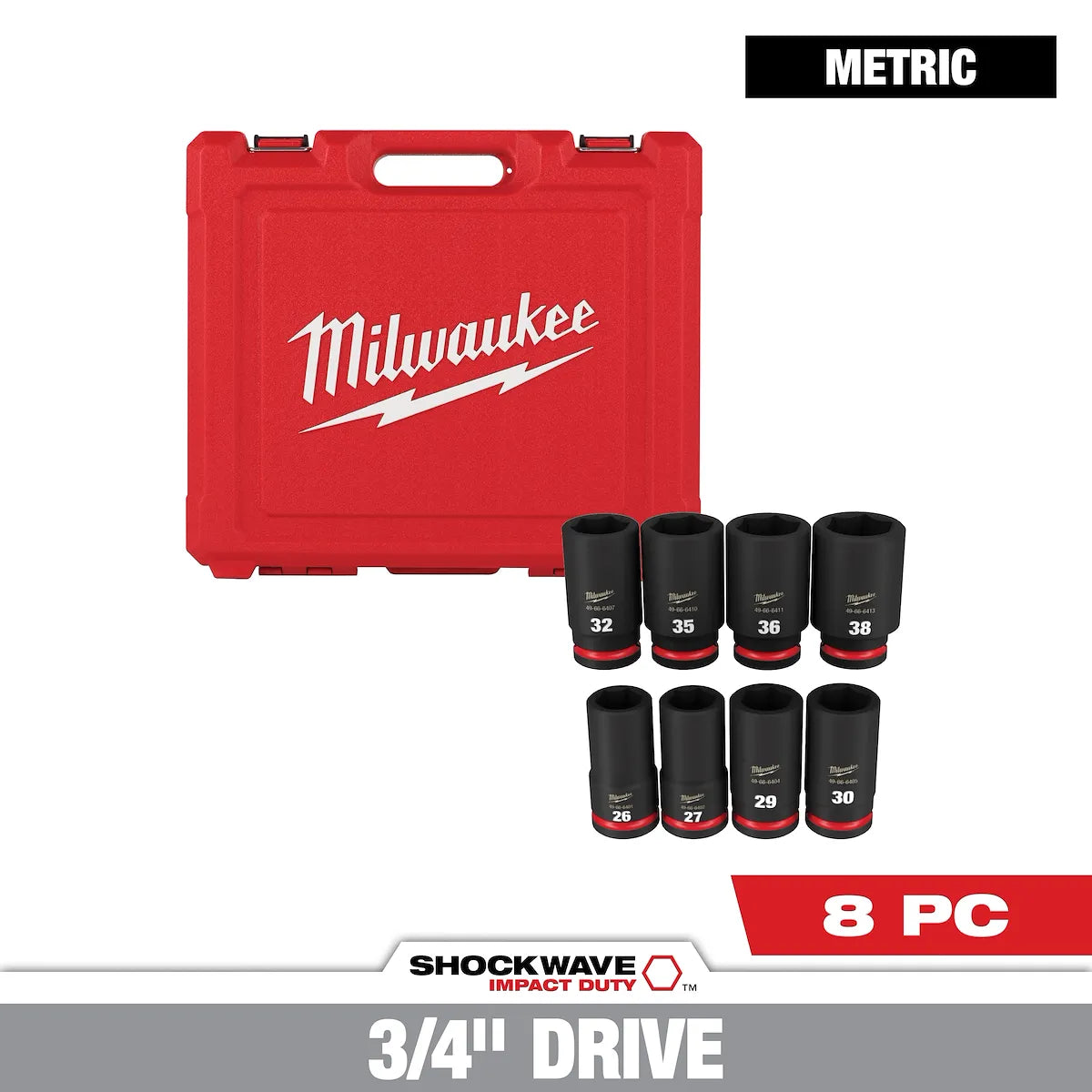 Milwaukee 8PC SHOCKWAVE Impact Duty 3/4" Drive Metric Deep 6 Point Socket Set 49-66-6411