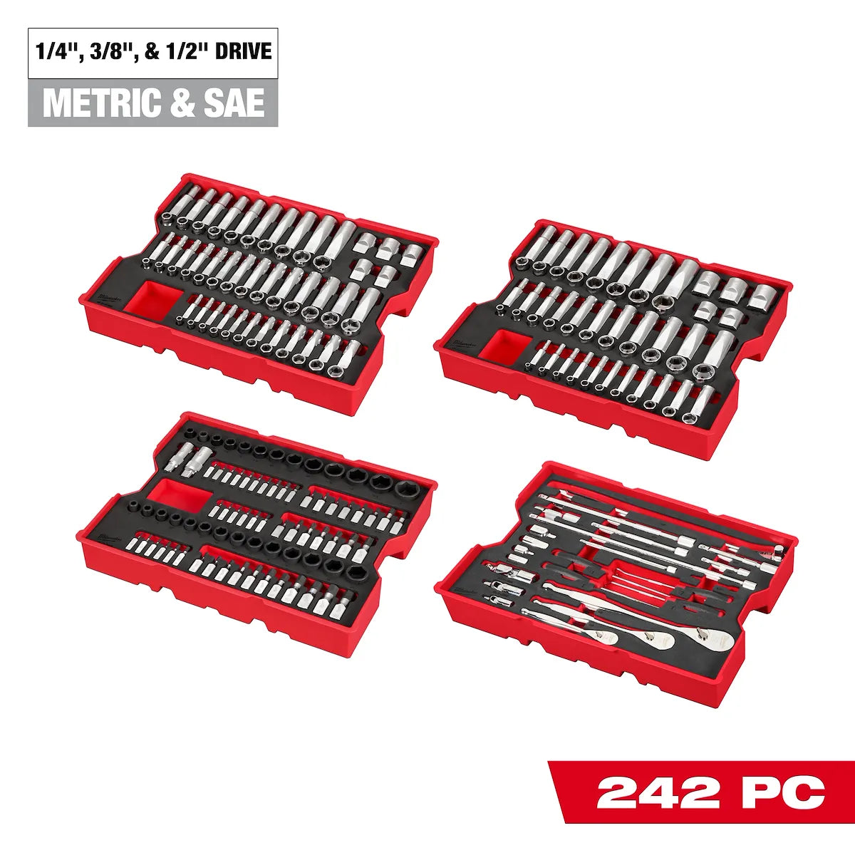 Milwaukee 242pc. 1/4”, 3/8”, & 1/2” Drive Metric & SAE Ratchet & Socket Set with Trays for PACKOUT Drawers 48-22-9490 | 242-Piece, S2 Steel