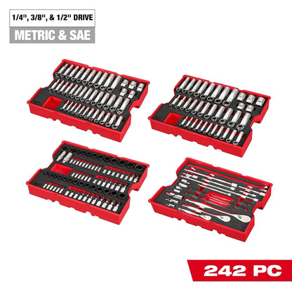 Milwaukee 242pc. 1/4”, 3/8”, & 1/2” Drive Metric & SAE Ratchet & Socket Set with Trays for PACKOUT Drawers 48-22-9490 | 242-Piece, S2 Steel