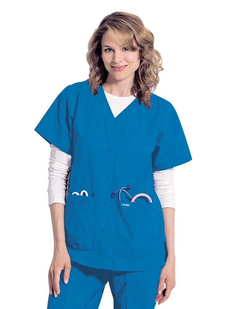 Landau Essentials Scrub Shirt Large Black 4 Pockets Short Sleeve Female