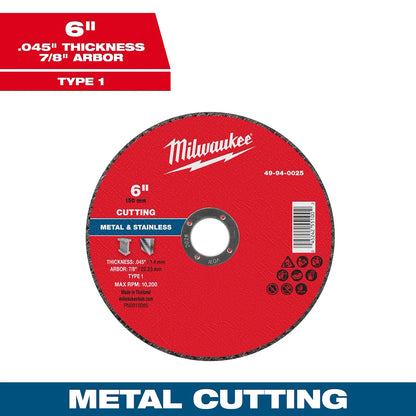 Milwaukee 6" x .045" x 7/8" Metal Cut Off Wheel -Type 1 49-94-0025