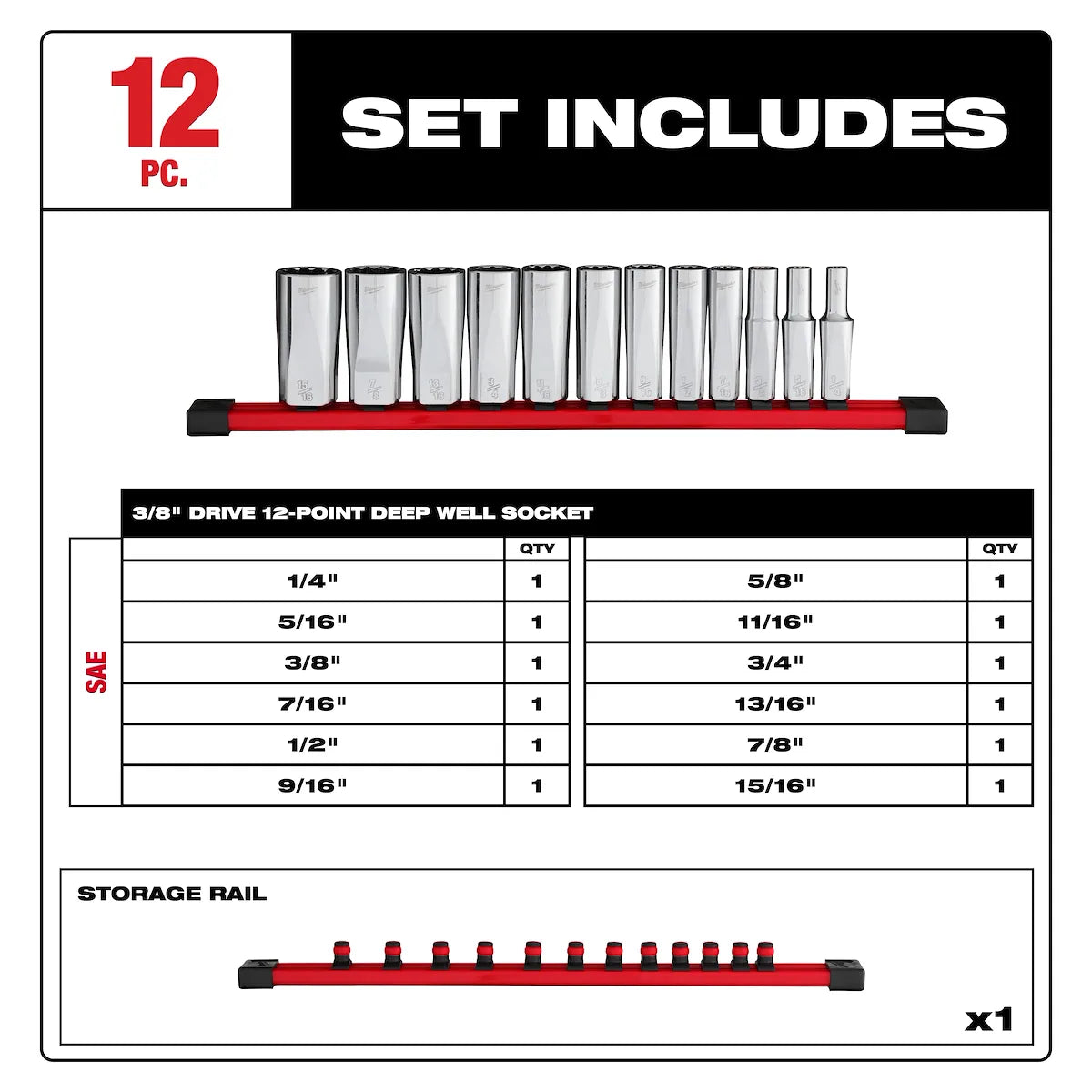 Milwaukee 12pc 3/8” Drive 12-Point Deep Well SAE Socket Set 48-22-9421 | Chrome Vanadium Steel