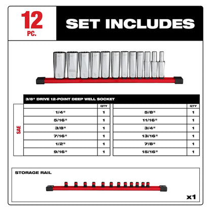 Milwaukee 12pc 3/8” Drive 12-Point Deep Well SAE Socket Set 48-22-9421 | Chrome Vanadium Steel