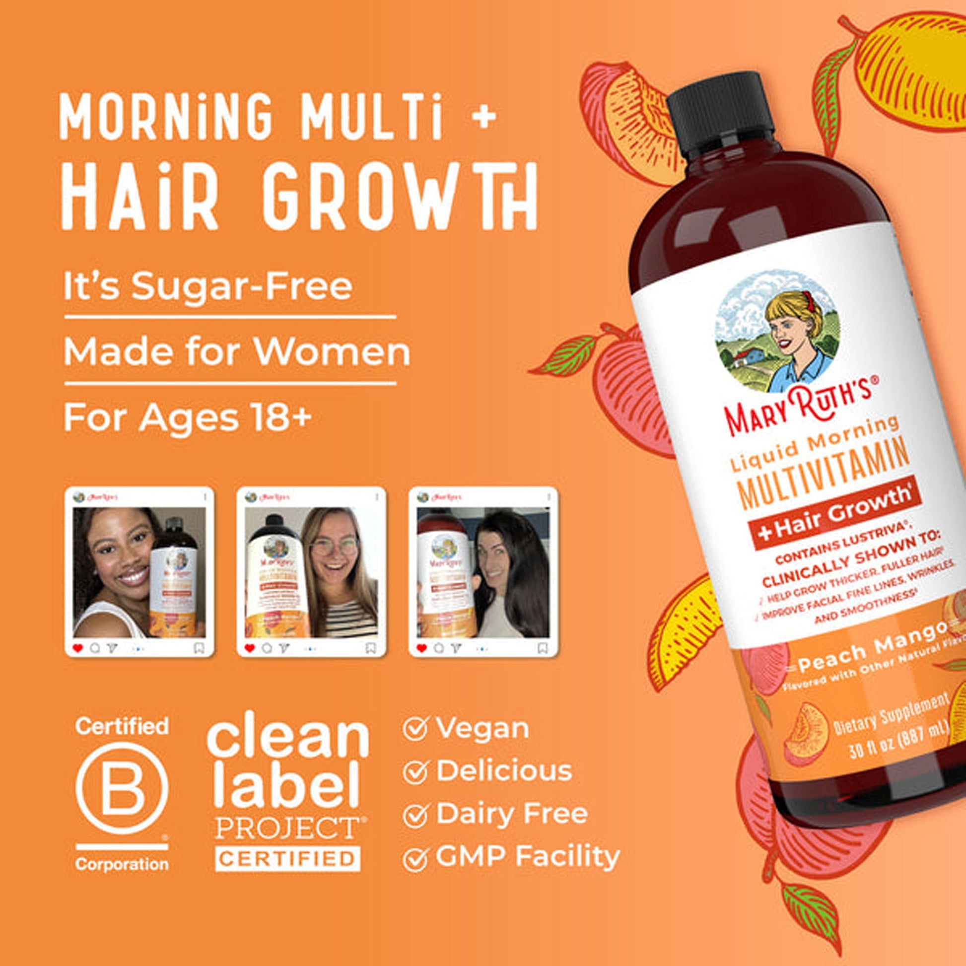 Mary Ruth's Liquid Morning Multivitamin + Hair Growth Multivitamin Supplement Vitamin A / C / D / E 1,010 mcg - 90 mg - 20 mcg - 18 mg Strength Liquid Peach Mango Flavor