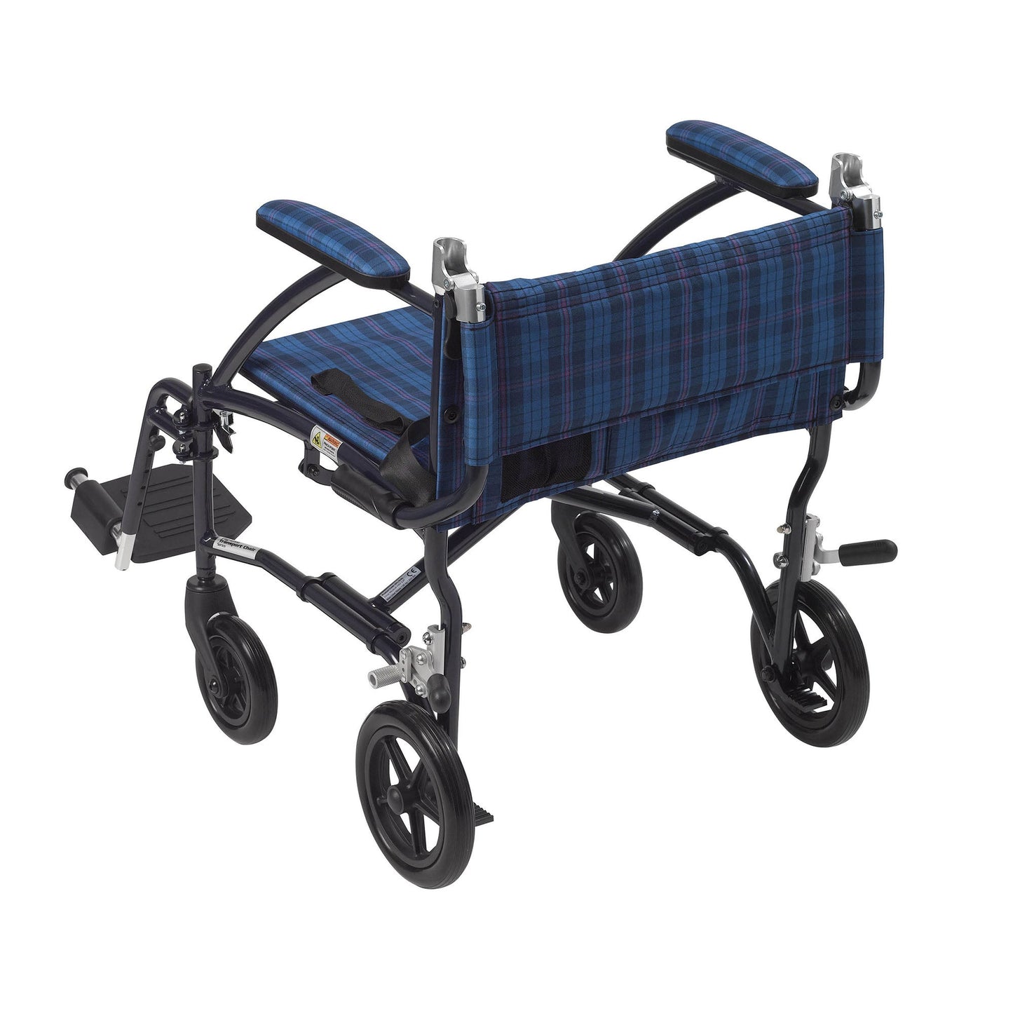 drive™ Fly-Lite Ultra Transport Wheelchair, Blue Frame w/ Plaid Upholstery