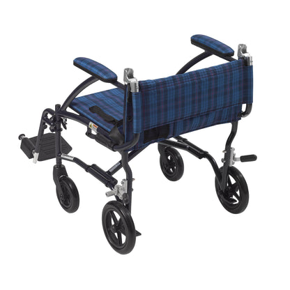 drive™ Fly-Lite Ultra Transport Wheelchair, Blue Frame w/ Plaid Upholstery