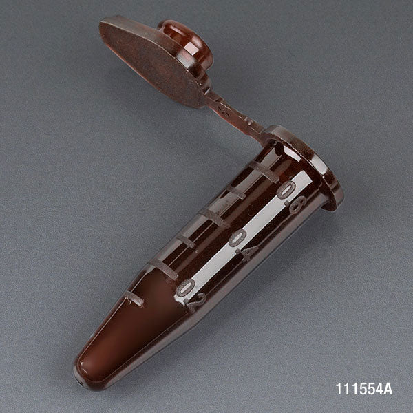 Amber Microcentrifuge Tubes, PP, Attached Snap Cap, Graduated — 0.5–2.0 mL, 500/Bag | Globe Scientific