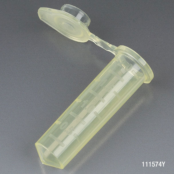 Microcentrifuge Tubes, PP, Attached Snap Cap, Graduated — Yellow, 0.5–2.0 mL, 500/Pack | Globe Scientific