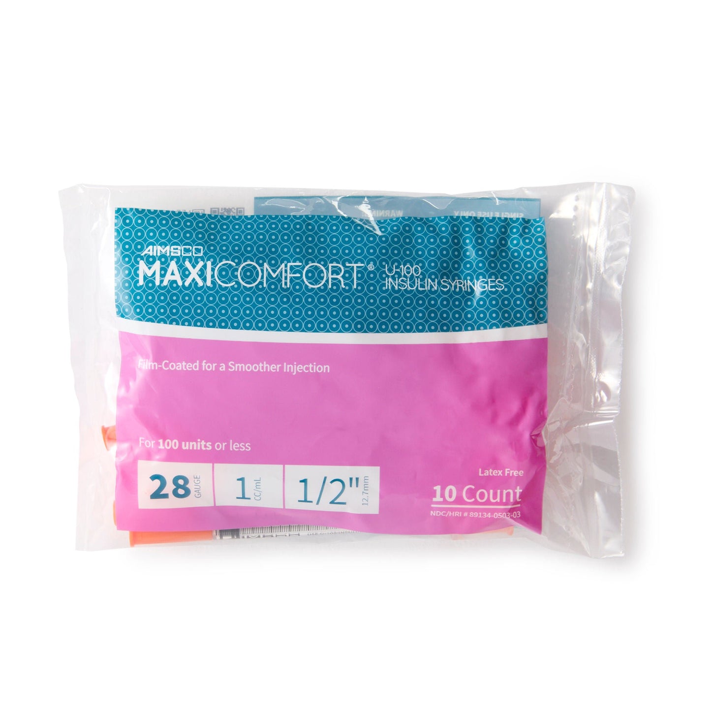 MaxiComfort® II Standard Insulin Syringe with Needle, 28 Gauge, 0.5 Inch