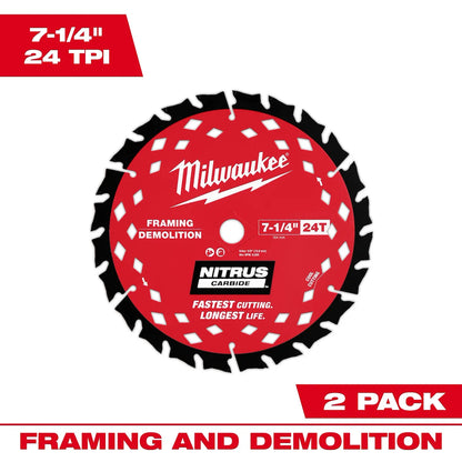 Milwaukee 7-1/4” 24T NITRUS Carbide Framing & Demolition Circular Saw Blade – 2 PK 48-40-0752