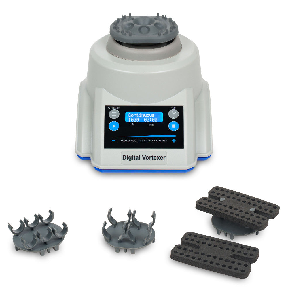 Heathrow Scientific Digital Vortexer with included tube holders and platform inserts