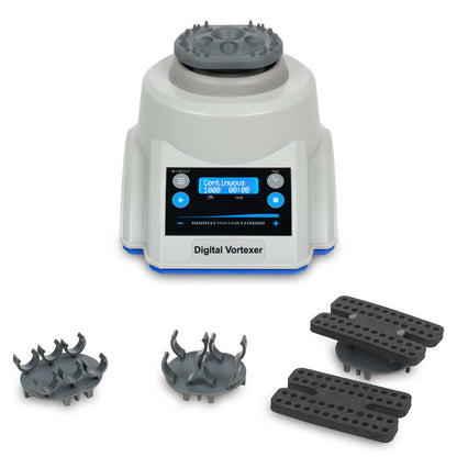 Heathrow Scientific Digital Vortexer with included tube holders and platform inserts