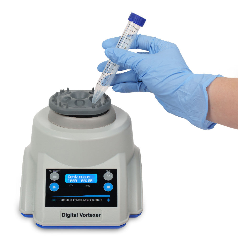 Heathrow Scientific Digital Vortexer mixing a 50 mL conical tube