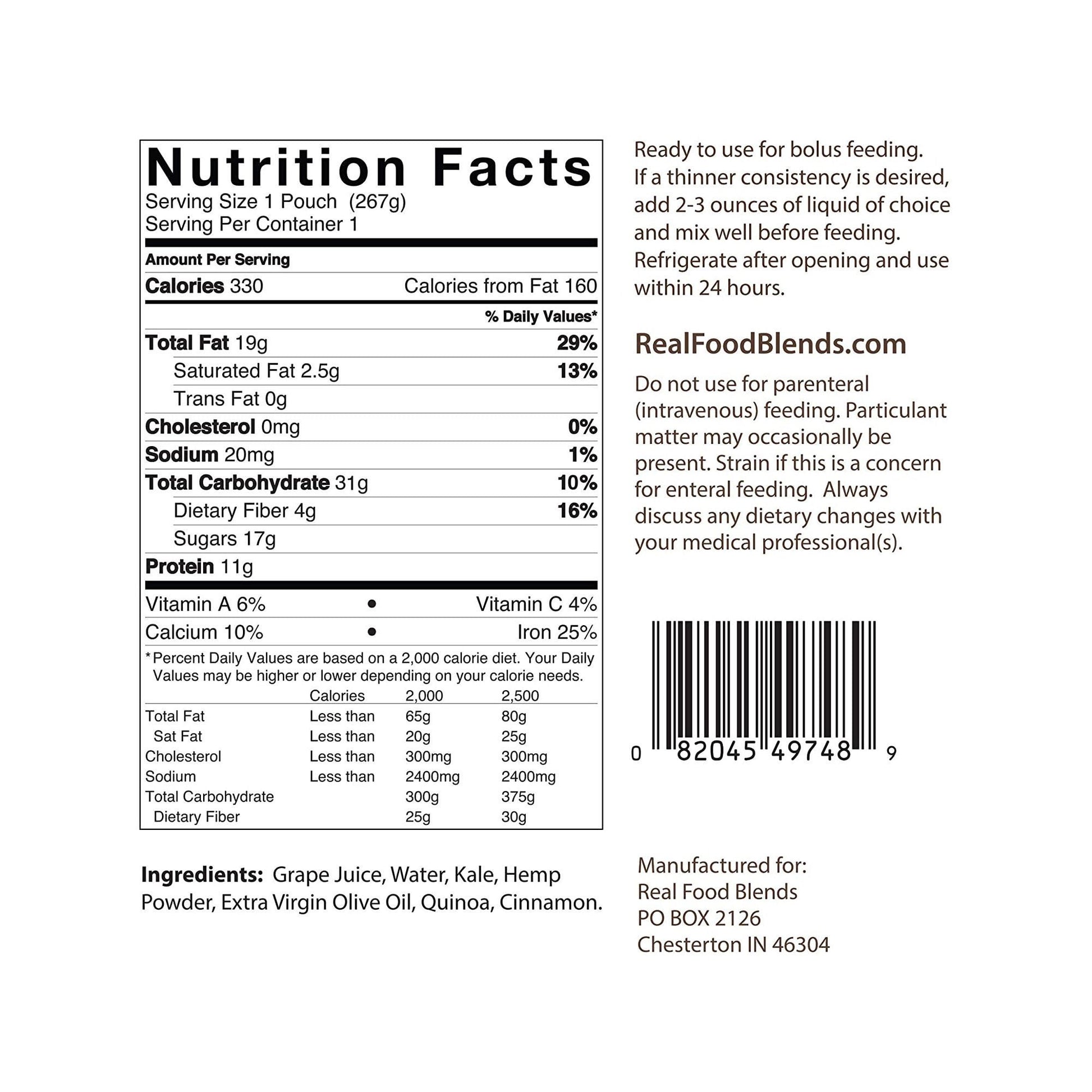 Real Food Blends™ Quinoa, Kale & Hemp Pureed Food Blend for Tube Feed