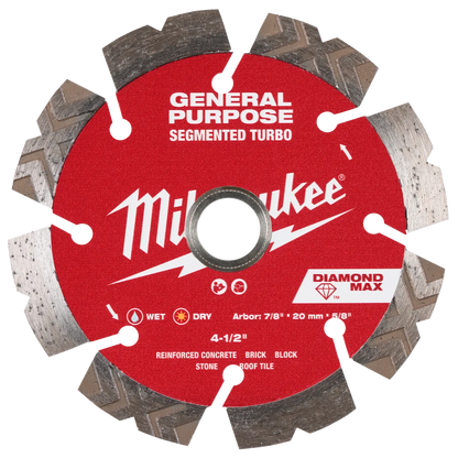 Milwaukee 4-1/2" DIAMOND MAX Segmented Turbo, General Purpose Diamond Blade 49-93-9004 | Diamond Coated