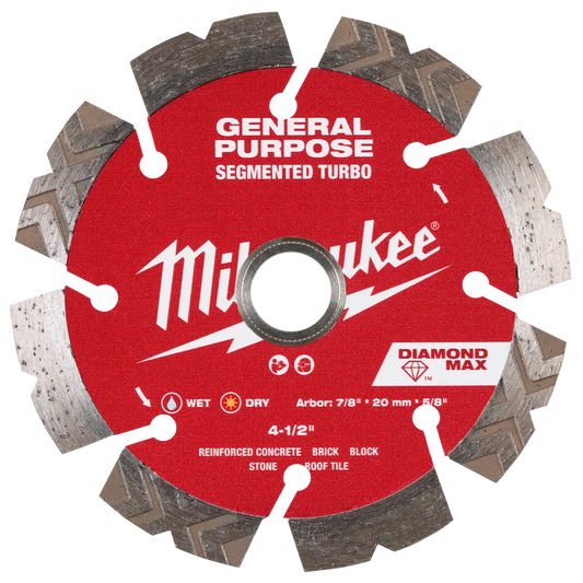 Milwaukee 4-1/2" DIAMOND MAX Segmented Turbo, General Purpose Diamond Blade 49-93-9004 | Diamond Coated