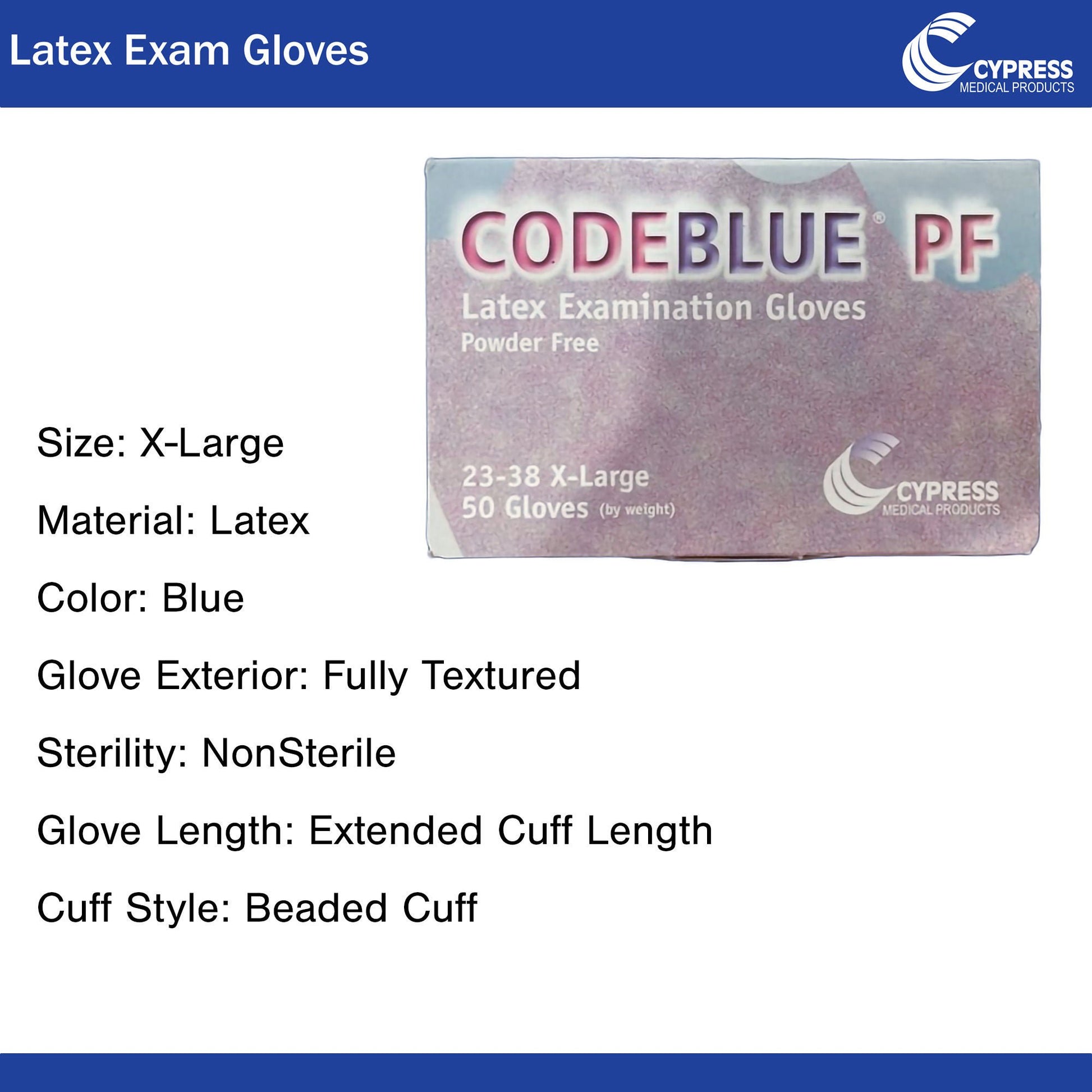CODEBLUE® PF Latex Exam Gloves, Blue - view 2
