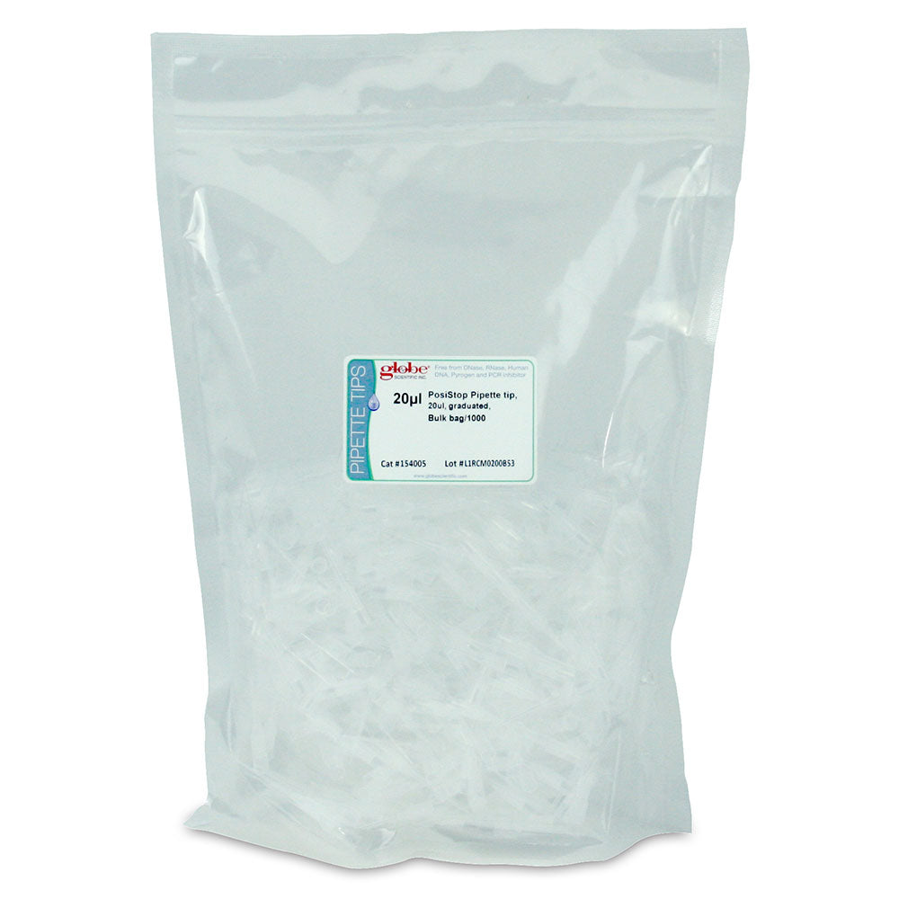20 µL Pipette Tips, PosiStop Low-Retention, Sterile Graduated — Bulk Bag, 1000/Bag | Globe Scientific