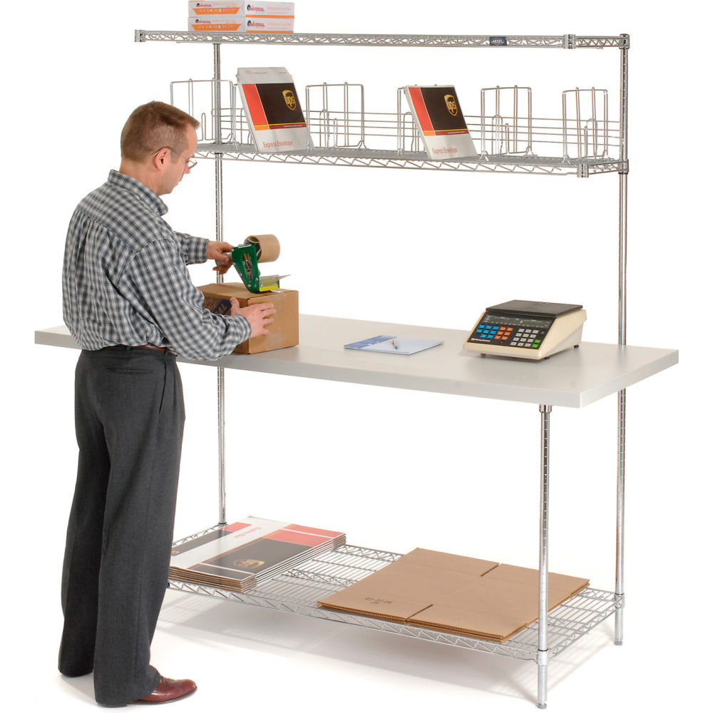 Global Industrial Packing Workbench W/Riser & 3 Shelves, Laminate Square Edge, 72"W x 30"D