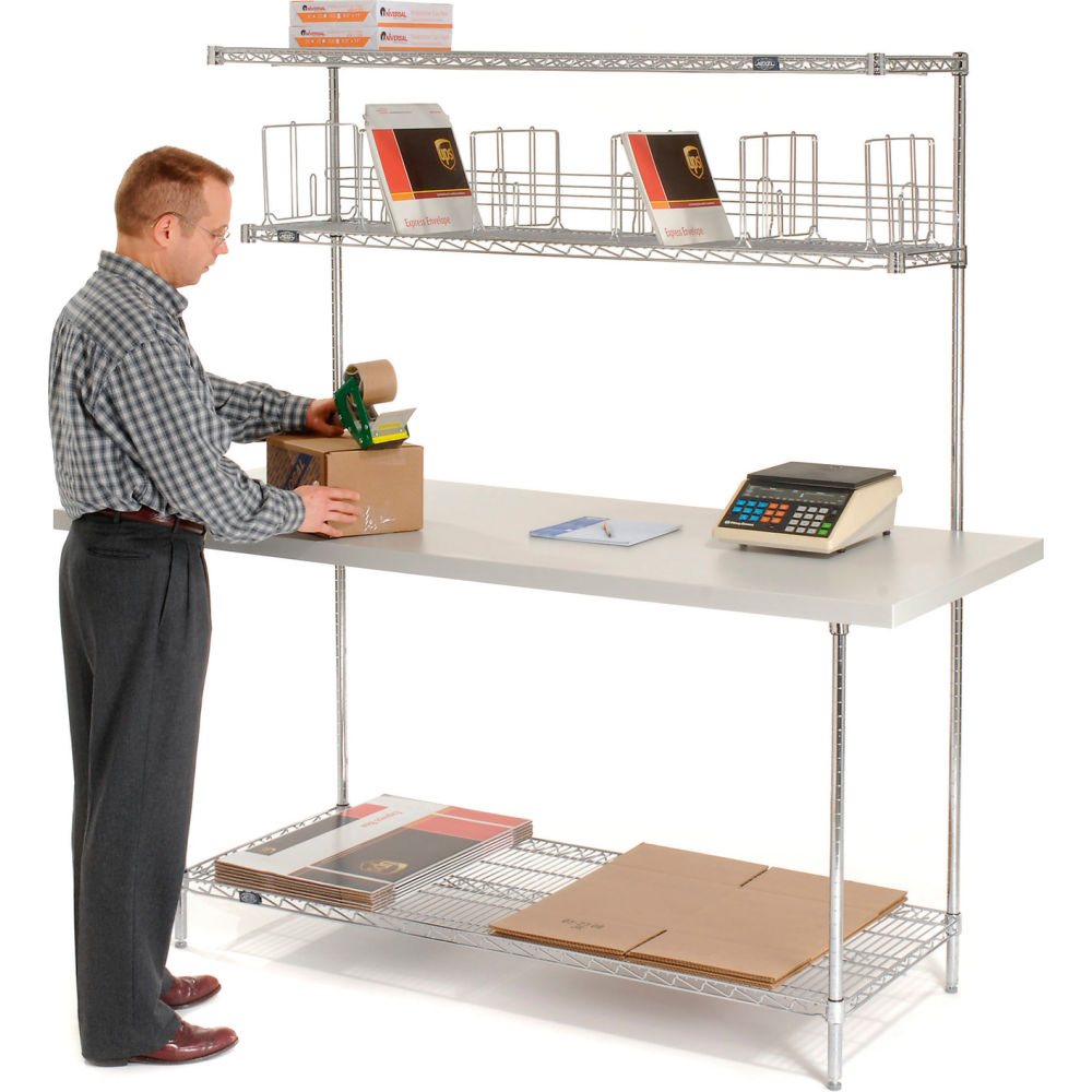 Global Industrial Packing Workbench W/Riser & 3 Shelves, Laminate Square Edge, 72"W x 30"D