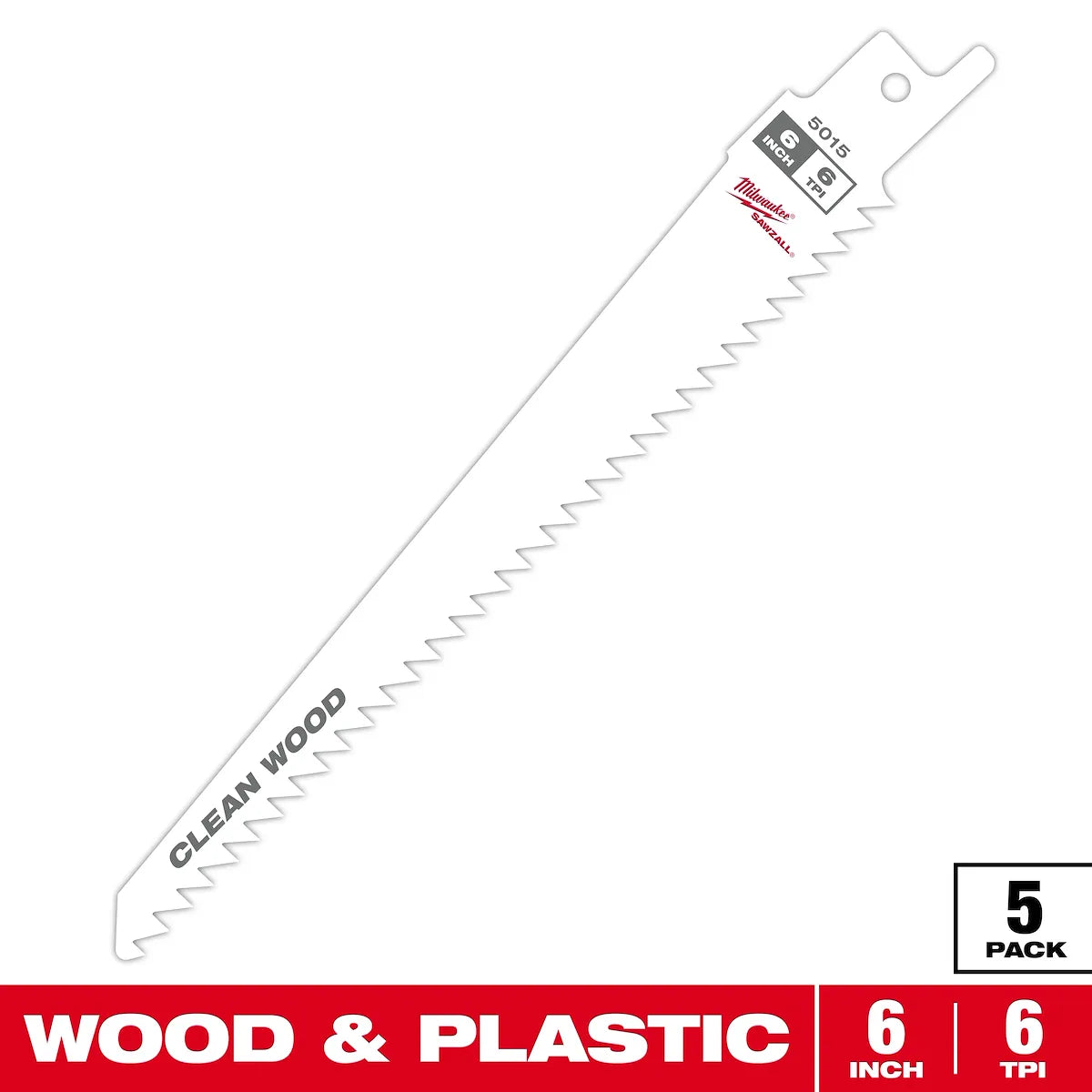 Milwaukee 6" 6 TPI Fleam Ground SAWZALL Blade for Clean Wood (5 PK) 48-00-5015 | 6 in Blade Length, 5-Piece